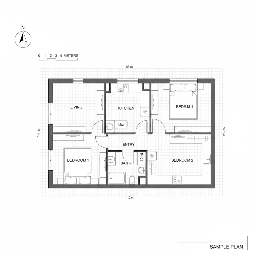 Clean CAD-style plan with labels, door swings, dimensions