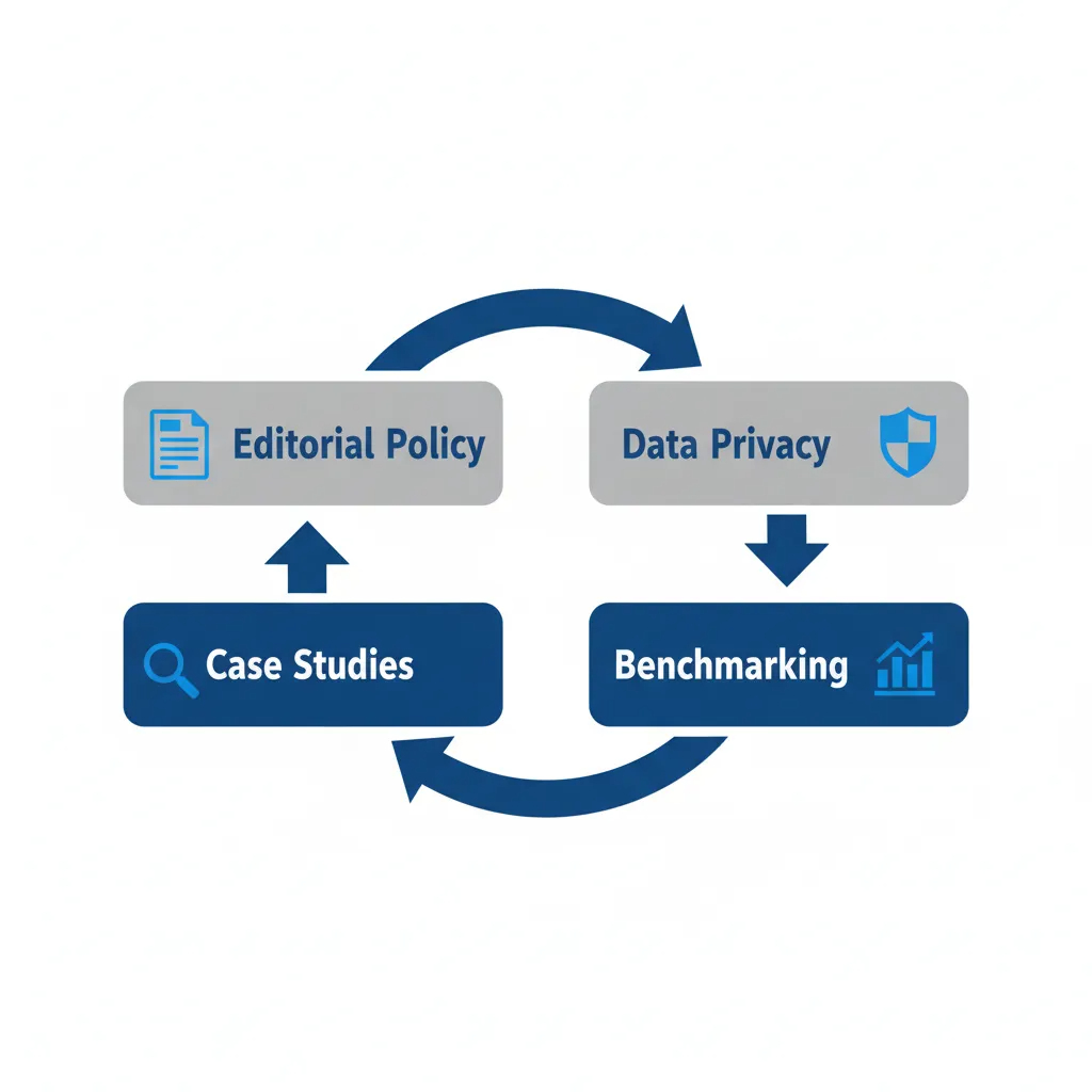 Editorial diagram of policy, privacy, case studies, benchmarking