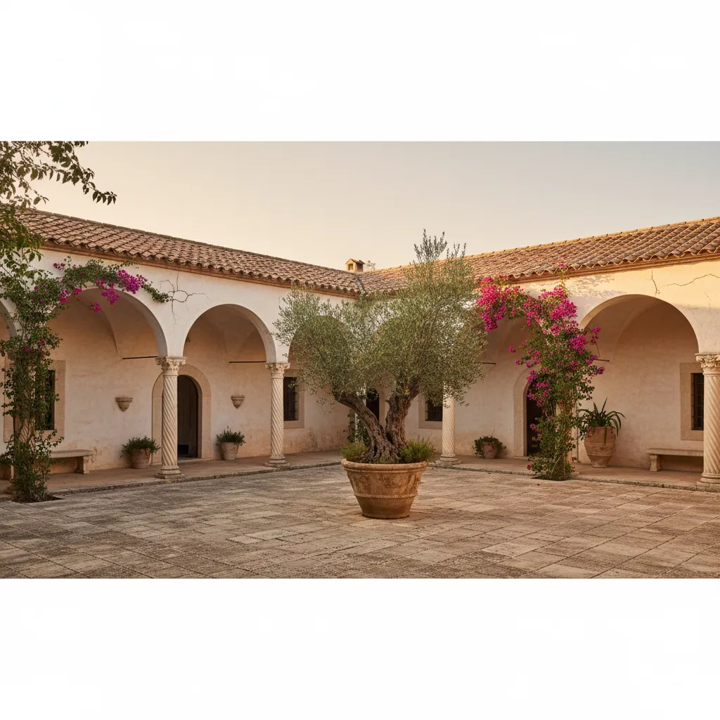 Mediterranean courtyard with arches and terracotta tiles