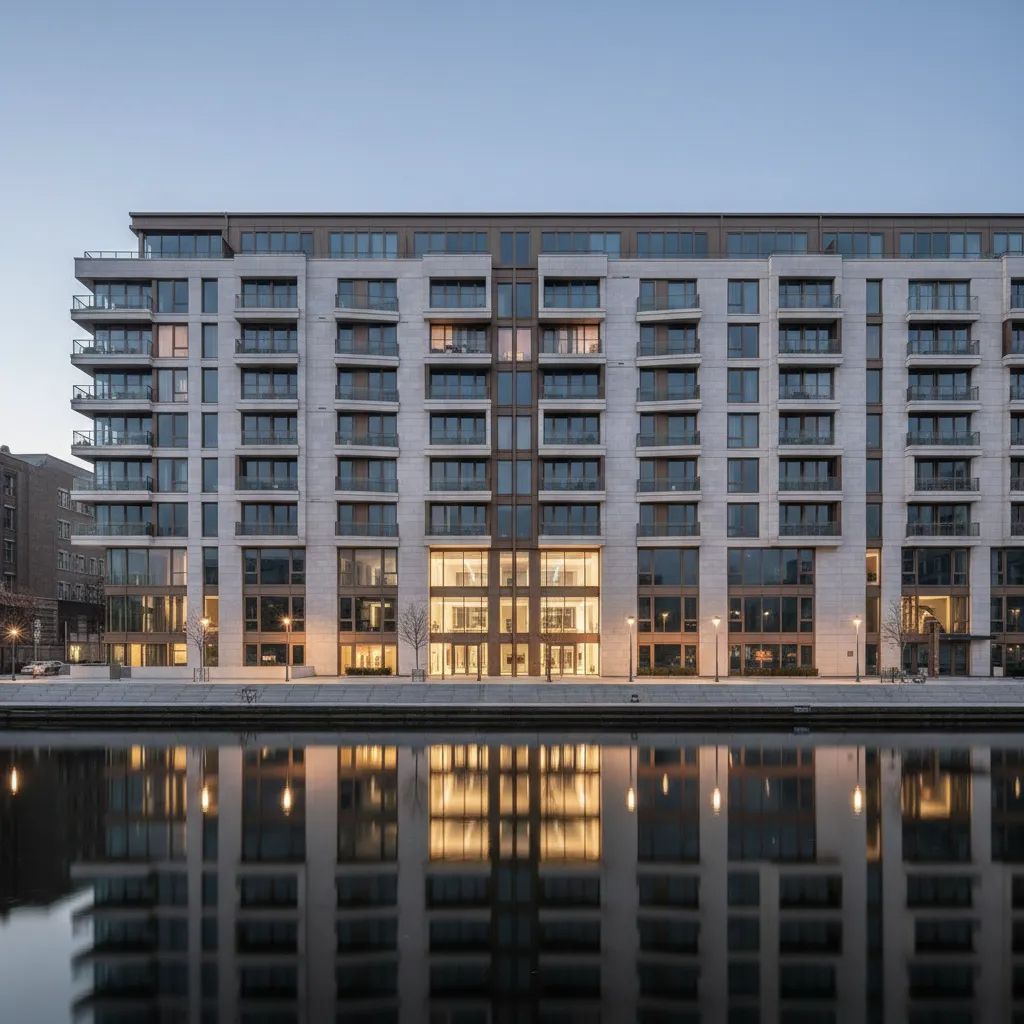 Waterfront housing at dusk with reflections