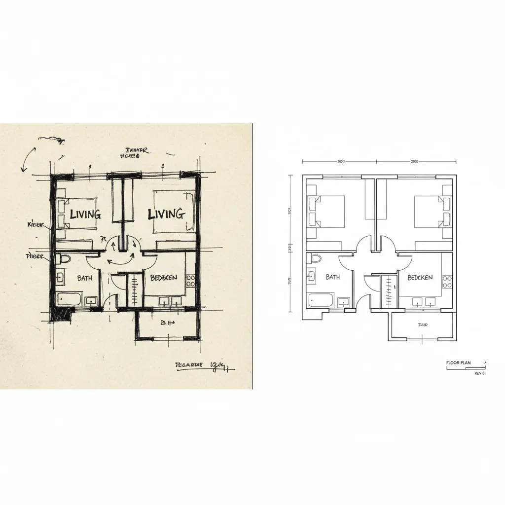 Split: hand sketch → clean export-ready plan